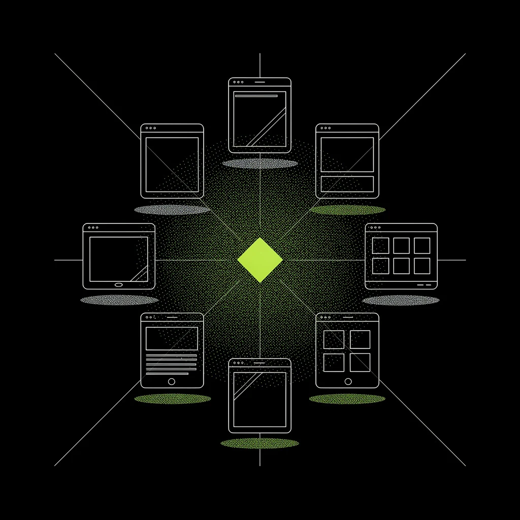 White-line interface cards and swatch chips converging on a solid lime diamond — many sources, one definition