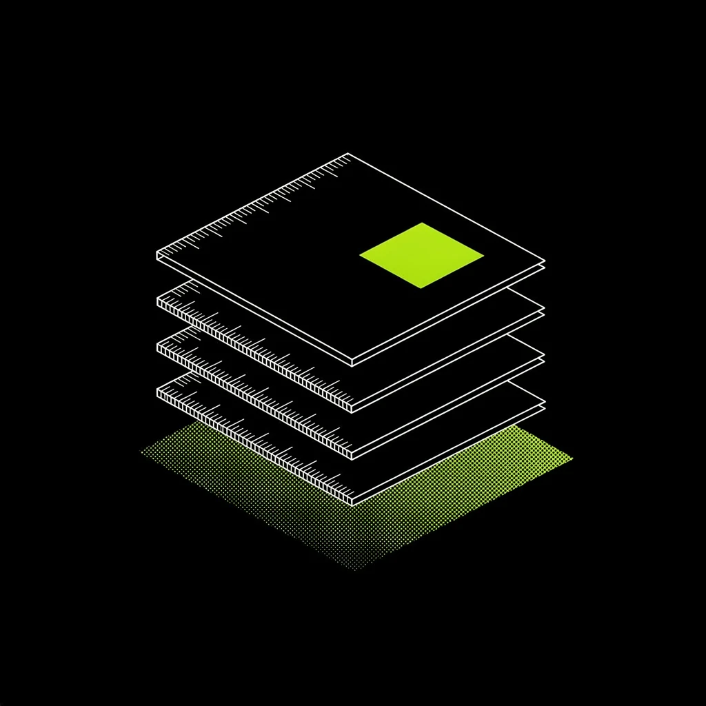 Five white-line sheets stacked in perspective, edges marked with measurement notches, one lime seal pressed into the top sheet