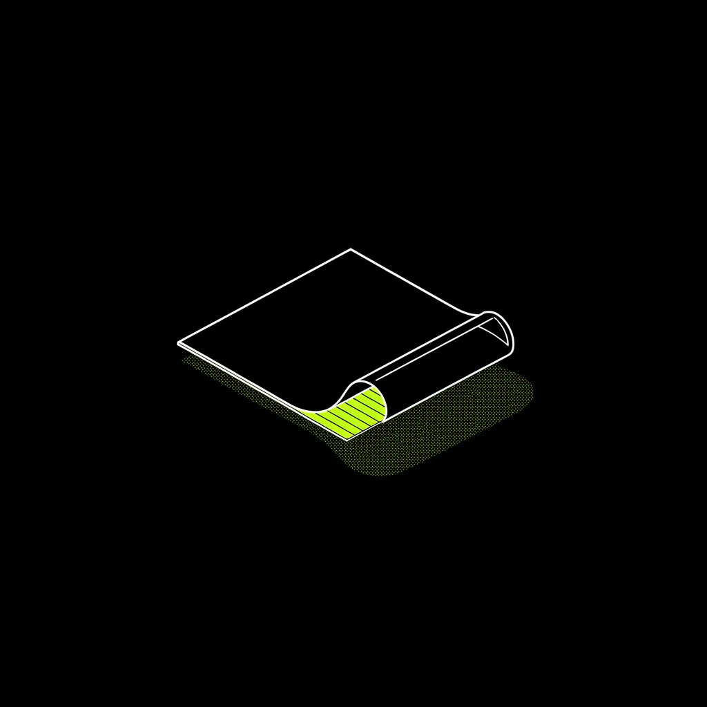 A white-line sheet lying flat in perspective, its near edge peeled back to reveal a solid lime underside — the layer beneath the surface